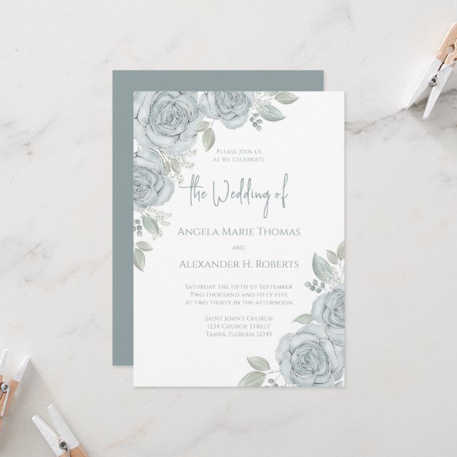 Invitación Elegante floral Dusty Azul Rosa Flores (Anverso/Reverso In Situ)