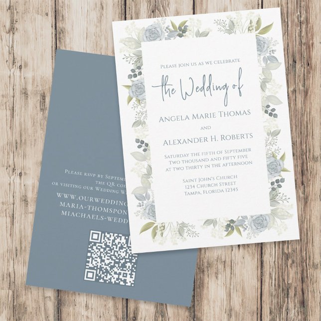 Invitación Elegante Floral Dusty Azul Rosa QR Respuesta de có (Subido por el creador)