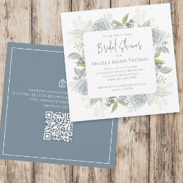 Invitación Elegante Floral Dusty Blue Bridal Shower QR Code