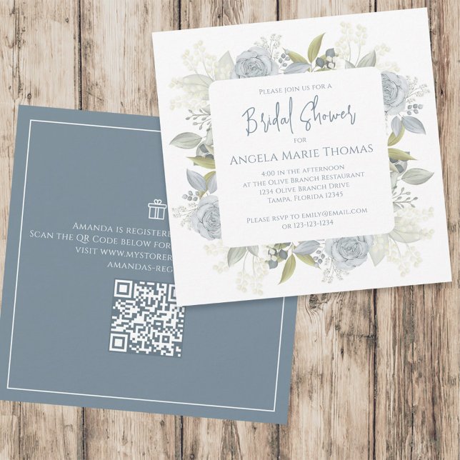 Invitación Elegante Floral Dusty Blue Bridal Shower QR Code (Subido por el creador)