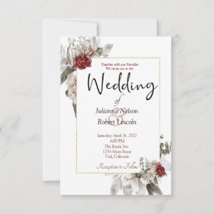 Invitación Elegante floral en acuarela en rojo y niebla para