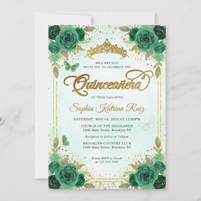 Invitación Elegante Floral Esmeralda Verde Glam Gold Quinceañ (Anverso)