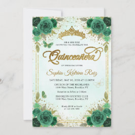 Invitación Elegante Floral Esmeralda Verde Glam Gold Quinceañ