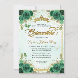 Invitación Elegante Floral Esmeralda Verde Glam Gold Quinceañ