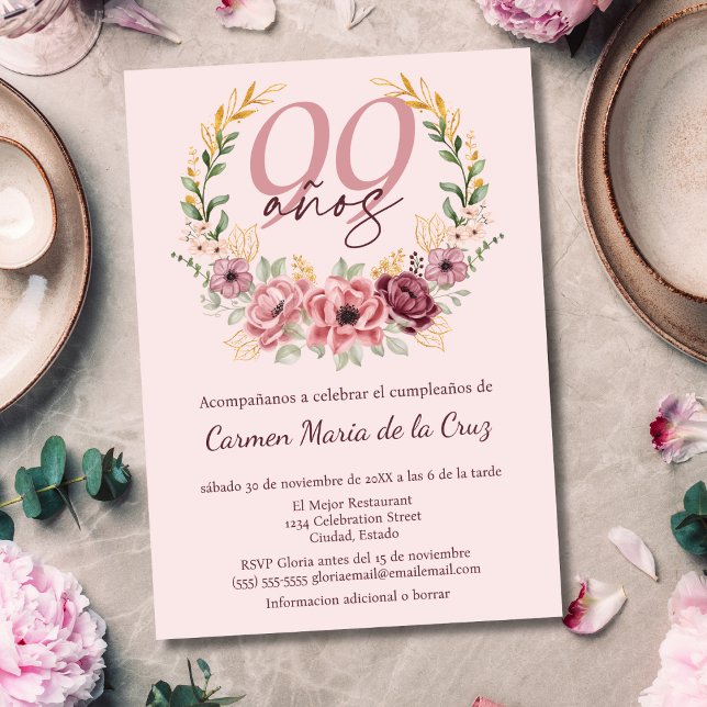 Invitación Elegante floral española 99ª fiesta de cumpleaños (Subido por el creador)