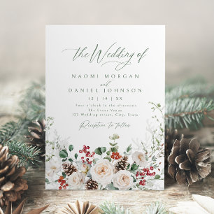 Invitación Elegante Floral Festivo Vacacional Boda de Inviern