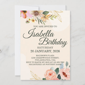 Invitación Elegante Floral – Flor de Acuarela Rosa y Melocotó