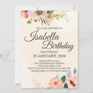 Invitación Elegante Floral – Flor de Acuarela Rosa y Melocotó