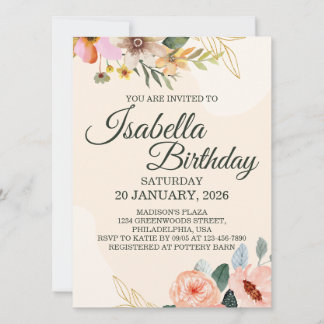 Invitación Elegante Floral – Flor de Acuarela Rosa y Melocotó