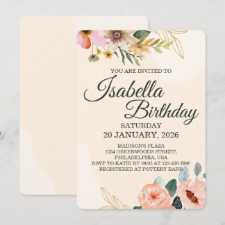 Invitación Elegante Floral – Flor de Acuarela Rosa y Melocotó