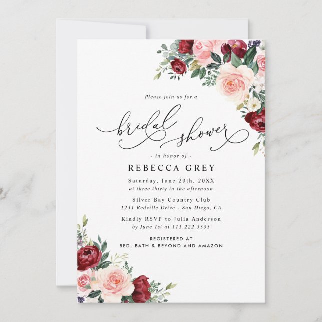 Invitación Elegante Floral Floral Borgoña Rubor Bridal Shower (Anverso)