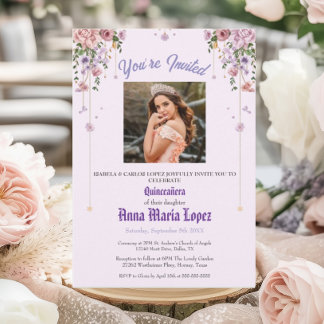 Invitación Elegante Floral Foto Mis Quince Quinceañera 15°