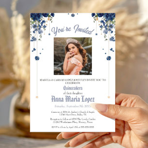 Invitación Elegante Floral Foto Mis Quince Quinceañera 15°