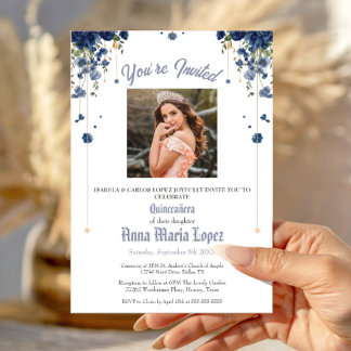 Invitación Elegante Floral Foto Mis Quince Quinceañera 15°