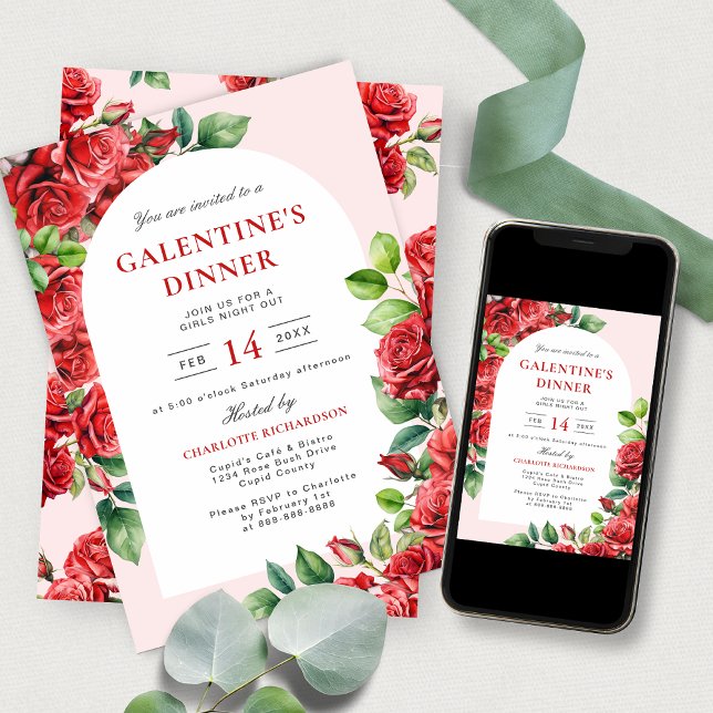 Invitación Elegante Floral Galentine Cena Fiesta Roses Rojos (Subido por el creador)