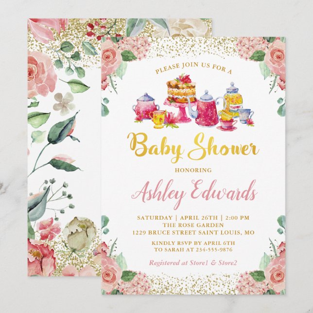 Invitación Elegante Floral Garden Tea Fiesta Baby Shower (Anverso / Reverso)