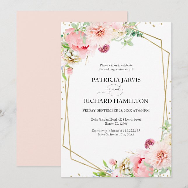 Invitación Elegante Floral Geométrico Cumpleaños de Bodas Ani (Anverso / Reverso)