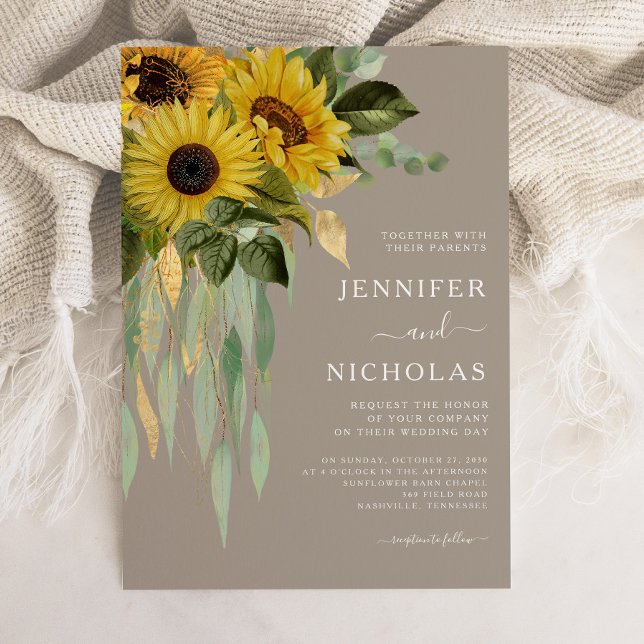 Invitación Elegante floral girasol Boda Eucalyptus (Elegant Floral Sunflowers Eucalyptus Wedding Invitation)