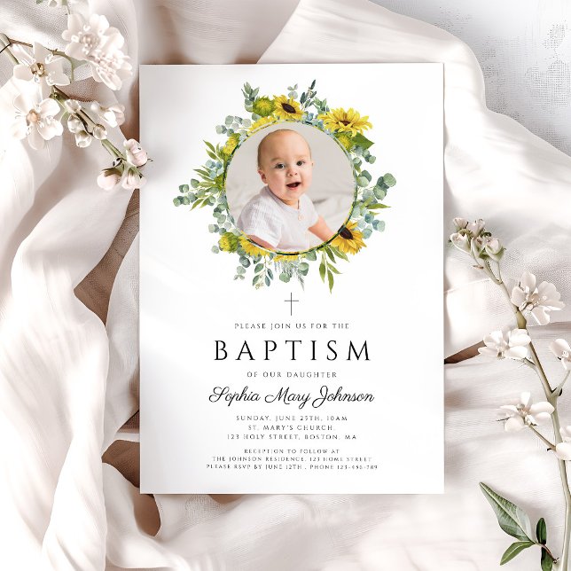 Invitación Elegante floral girasoles Chica Foto bautismo (Elegant Floral Sunflowers Girl Photo Baptism Invitation)