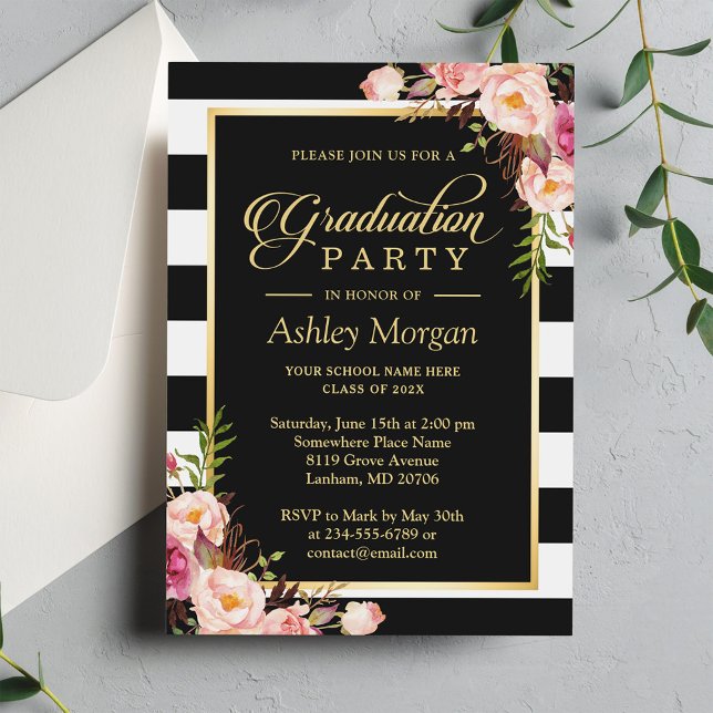 Invitación Elegante Floral Gold Black Stripes Blancas Graduac (Subido por el creador)