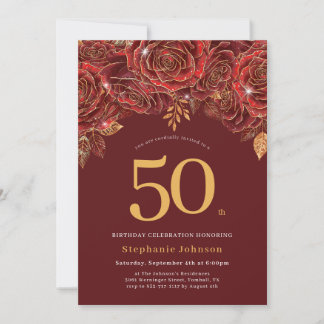 Invitación Elegante Floral Gold Burgundy 50 cumpleaños