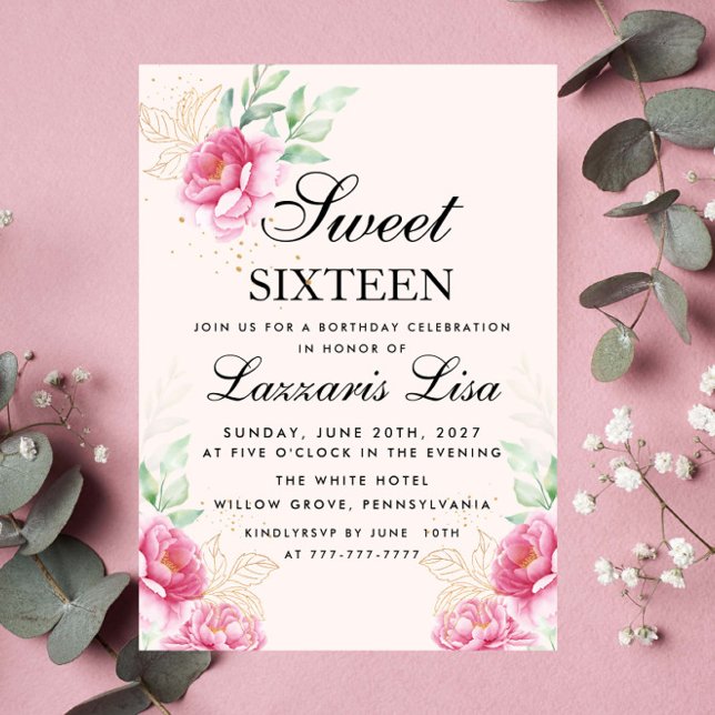 Invitación Elegante Floral & Gold Leaf Cumpleaños Dulce Dieci (Subido por el creador)