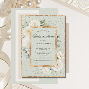 Invitación Elegante Floral Gold Sage Quinceañera moderna