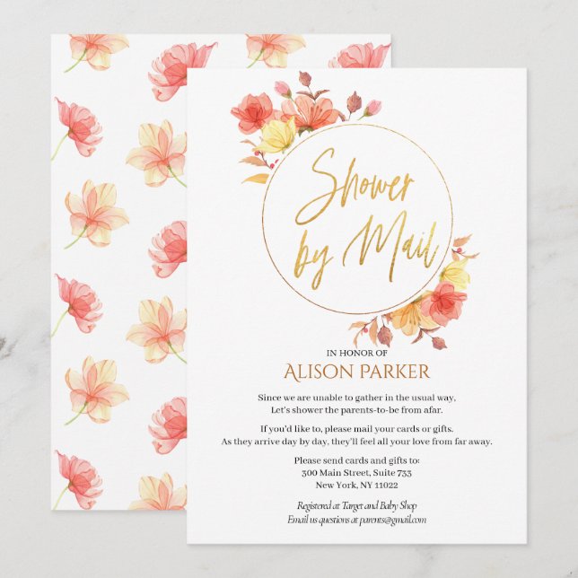 Invitación Elegante Floral Gold Script Watercolor Baby Shower