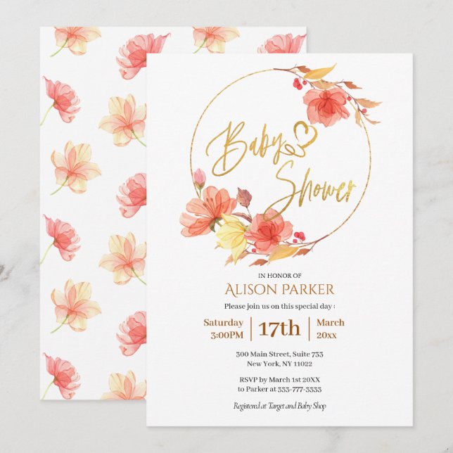 Invitación Elegante Floral Gold Script Watercolor Baby Shower (Anverso / Reverso)