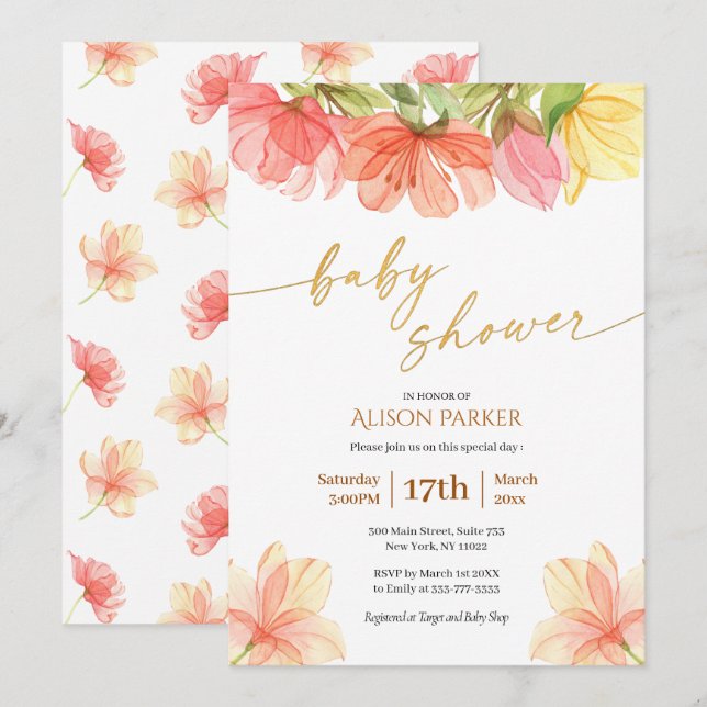Invitación Elegante Floral Gold Script Watercolor Greeneratio (Anverso / Reverso)