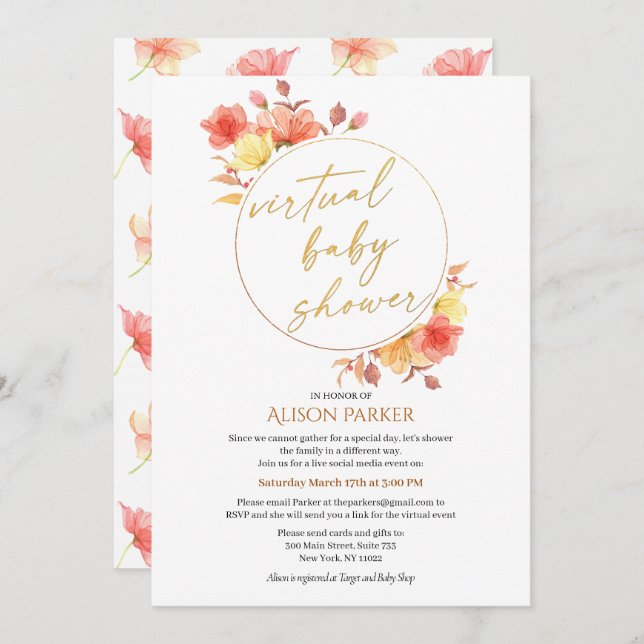 Invitación Elegante Floral Gold Script Watercolor Virtual (Anverso / Reverso)