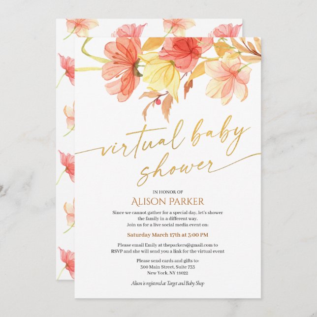 Invitación Elegante Floral Gold Script Watercolor Virtual (Anverso / Reverso)