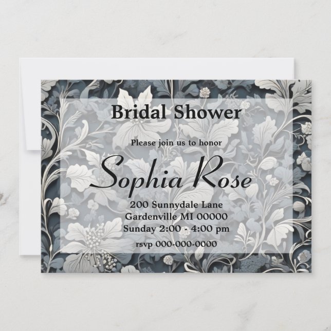 Invitación Elegante floral gris blanco plateado azul polvorie (Anverso)