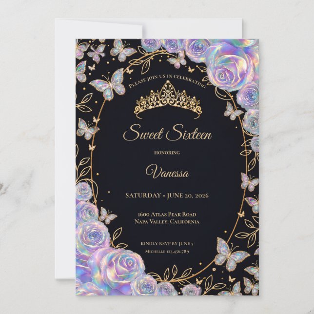 Invitación Elegante Floral Iridescente Cumpleaños 16 (Anverso)