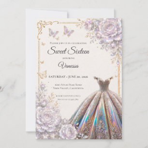 Invitación Elegante Floral Iridescente Cumpleaños 16