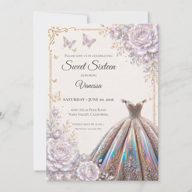 Invitación Elegante Floral Iridescente Cumpleaños 16 (Anverso)