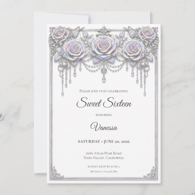 Invitación Elegante Floral Iridescente Cumpleaños 16 (Anverso)