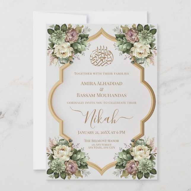 Invitación Elegante floral islámica Nikah (Anverso)