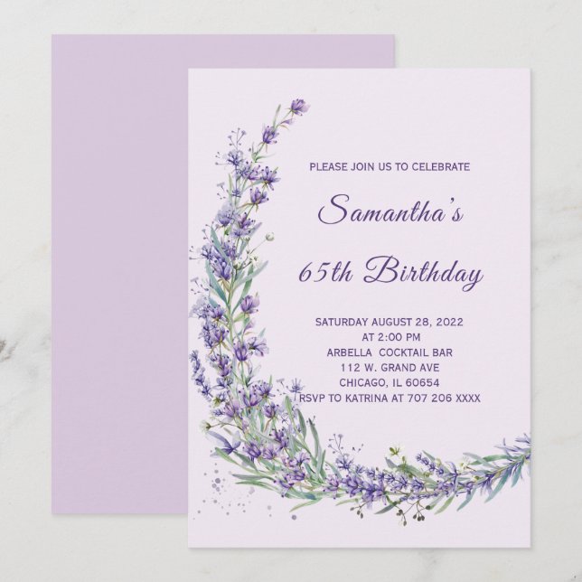 Invitación Elegante Floral Lavanda 65 Cumpleaños (Anverso / Reverso)