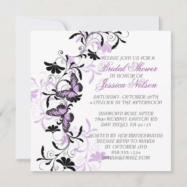 Invitación Elegante Floral Lavanda Mariposa Ducha Bridal (Anverso)