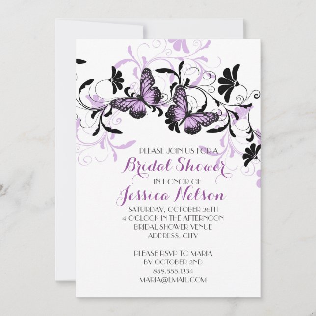Invitación Elegante Floral Lavanda Mariposa Ducha Bridal (Anverso)