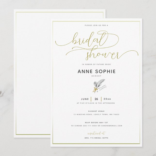 Invitación Elegante Floral Lily Gold Calligraphy Bridal Showe (Anverso / Reverso)