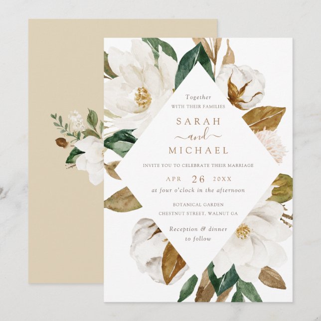Invitación Elegante floral Magnolia Beige Boda Neutral (Anverso / Reverso)