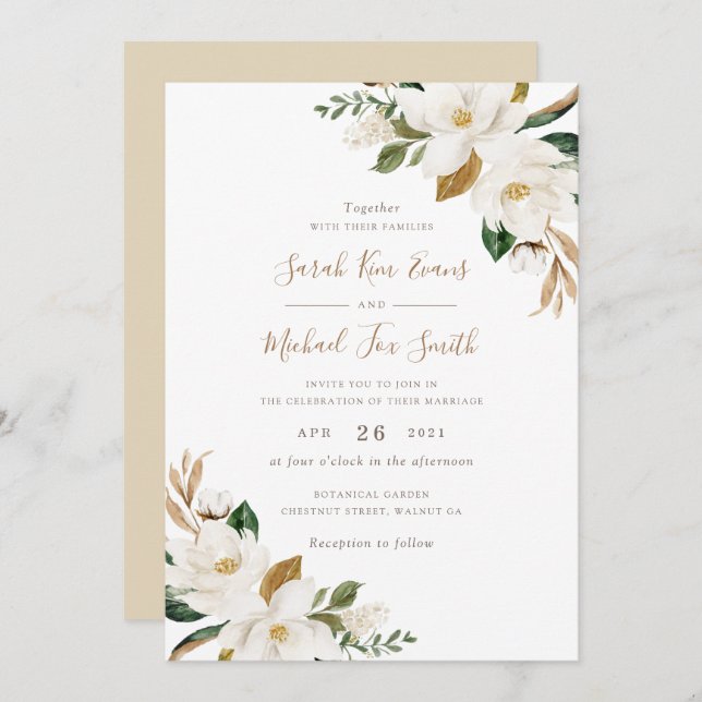 Invitación Elegante floral Magnolia Beige Boda Neutral (Anverso / Reverso)