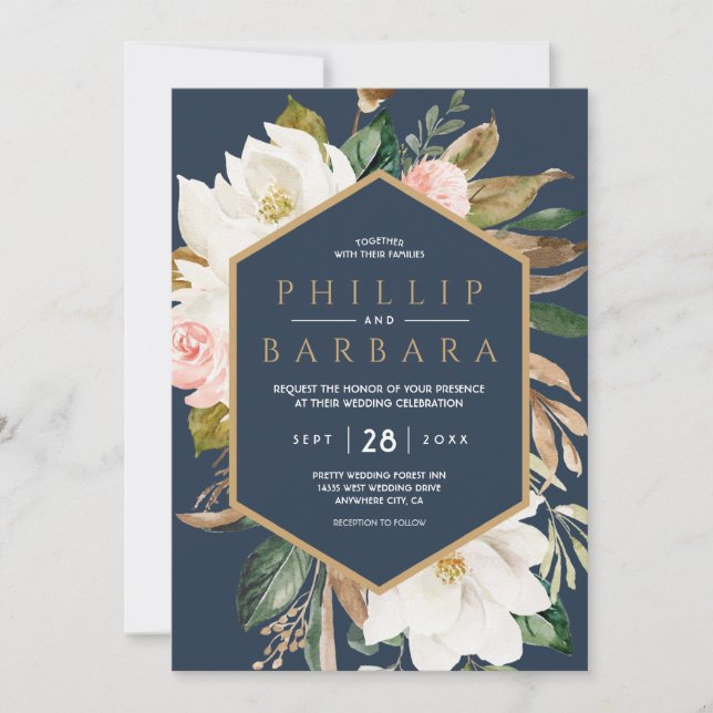 Invitación Elegante Floral Magnolia Rubor Naval Neutral (Anverso)