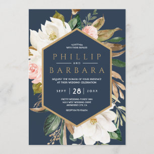 Invitación Elegante Floral Magnolia Rubor Naval Neutral
