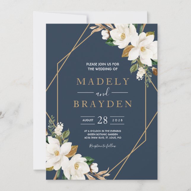 Invitación Elegante floral Magnolia Rubor Navy Neutral (Anverso)