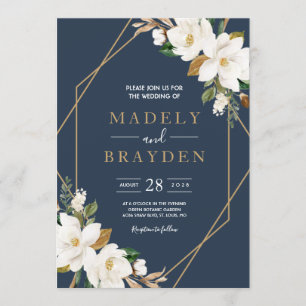 Invitación Elegante Floral Magnolia Rubor Neutral Naval