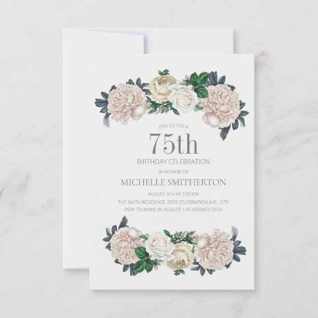 Invitación Elegante floral marfil-crema 75 cumpleaños (Anverso)