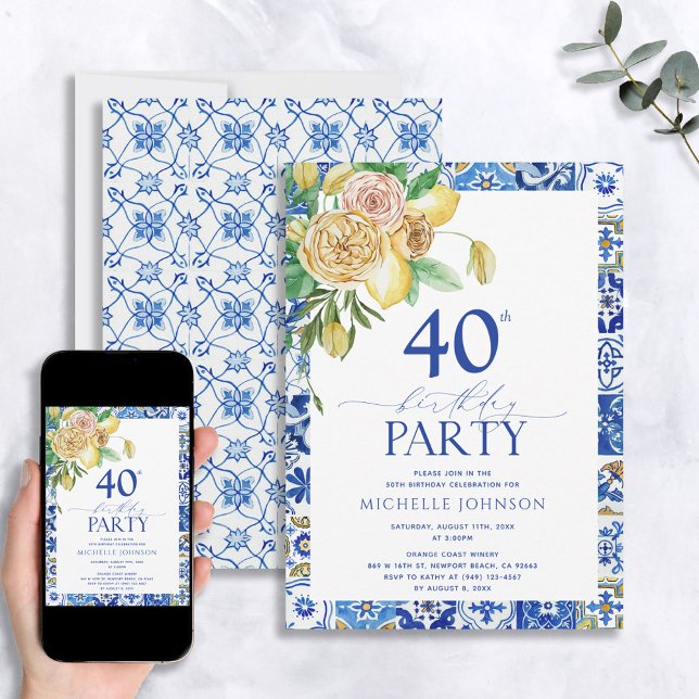 Invitación Elegante floral mediterránea de limón 40 cumpleaño (Subido por el creador)
